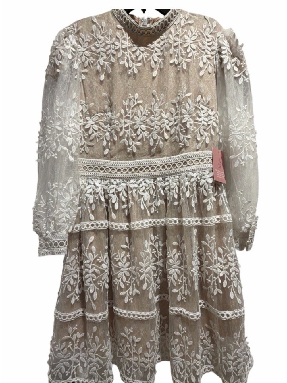 NWT Ivy City Sicily Embroidered Lace Floral Long-Sleeve Dress in Beige and White